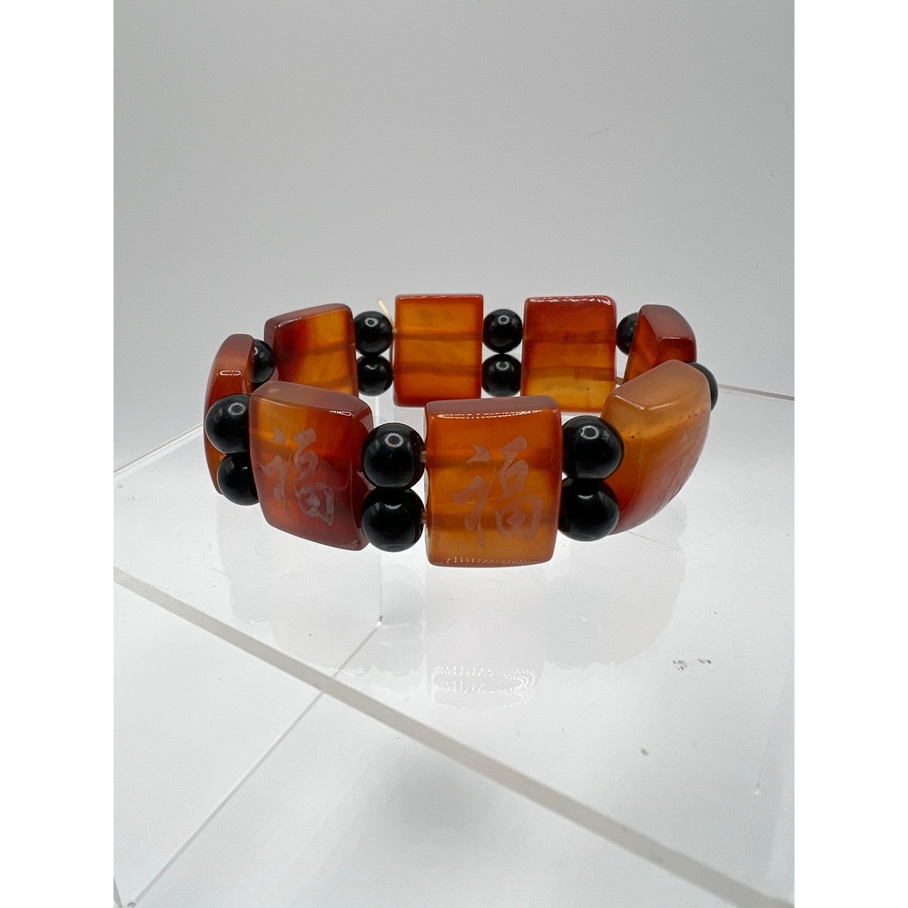 Carnelian Black Agate Good Fortune Bracelet Boho Zen Ethnic‎ Orange Black 6in